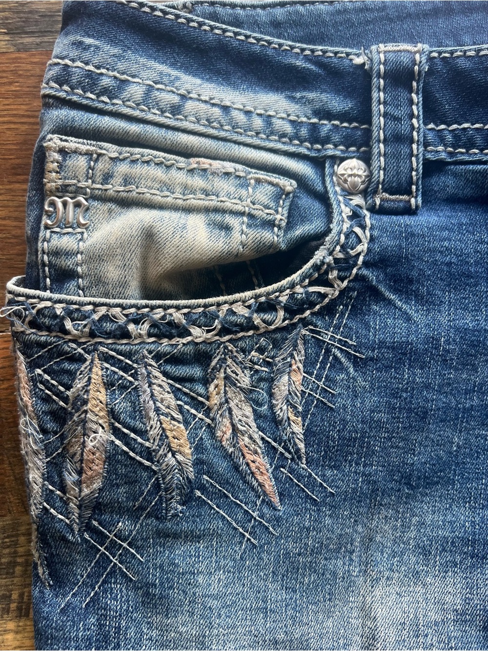 Miss Me Blue Denim Bootcut Jeans with Embroidered Fringe
